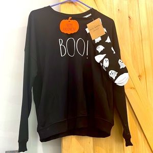 Rae Dunn Halloween crewneck black sweatshirt ‘Boo’ with ghost crew socks